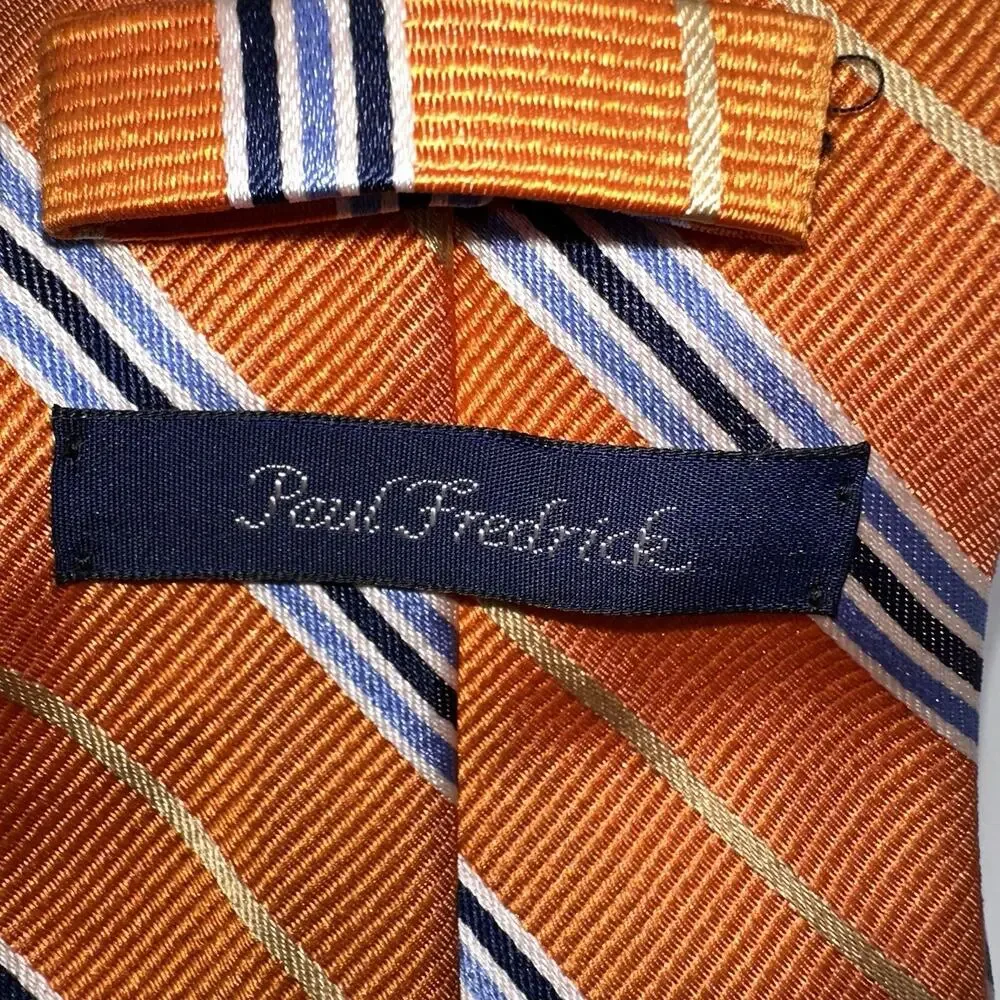 Paul Fredrick Mens Tie Orange Blue Gold Striped 100% Silk 58 x‎ 3.5 Classic